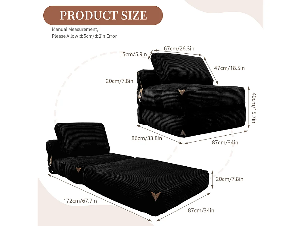 Canapé lounge 1 place moderne convertible avec rangement intégré, coussin haute résilience et pompons élégants