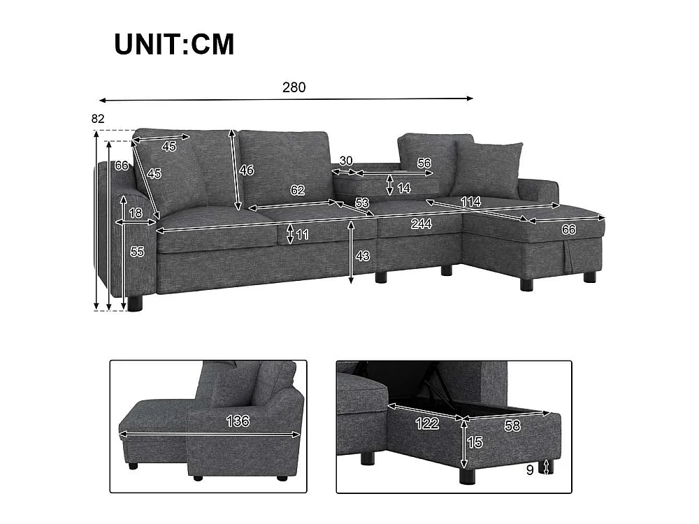 4-Sitzer-Chenille-Ecksofa mit Truhe, klappbaren Rückenlehnen und Getränkehaltern