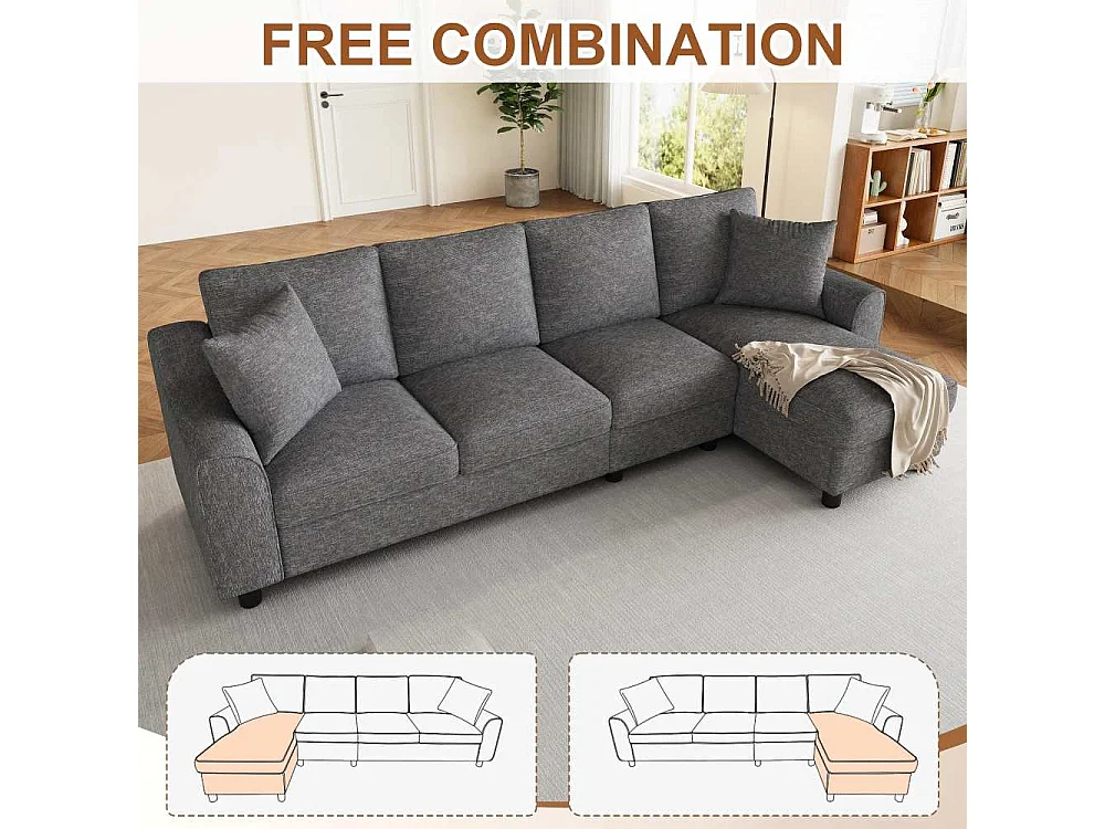 4-Sitzer-Chenille-Ecksofa mit Truhe, klappbaren Rückenlehnen und Getränkehaltern