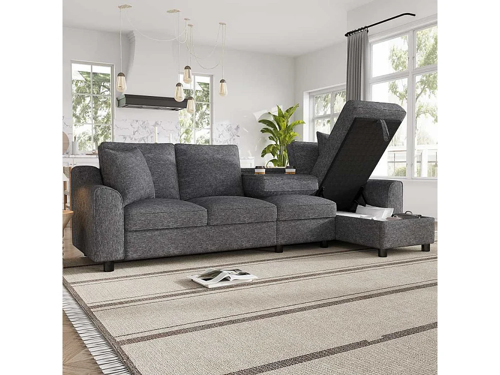 4-Sitzer-Chenille-Ecksofa mit Truhe, klappbaren Rückenlehnen und Getränkehaltern