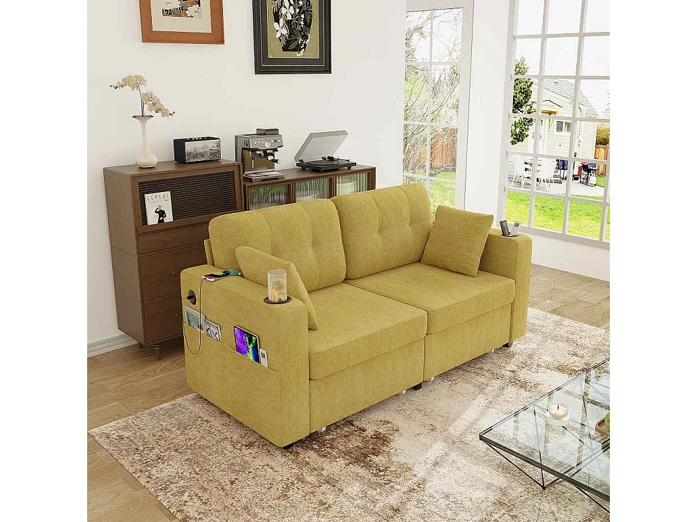 Canapé 2 places avec rangement, ports USB, porte-gobelets, poches latérales et tissu chenille confortable