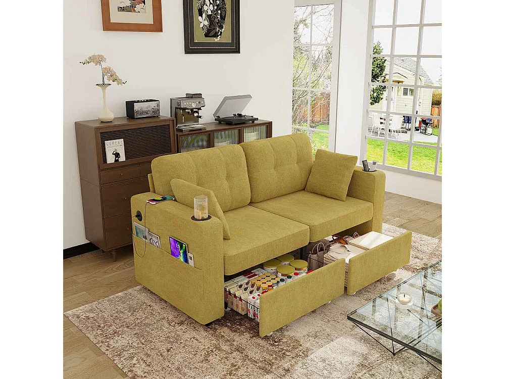 Canapé 2 places avec rangement, ports USB, porte-gobelets, poches latérales et tissu chenille confortable