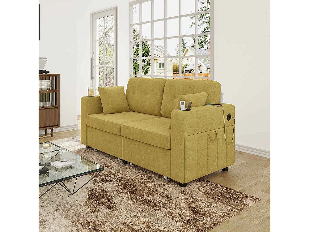 Canapé 2 places avec rangement, ports USB, porte-gobelets, poches latérales et tissu chenille confortable