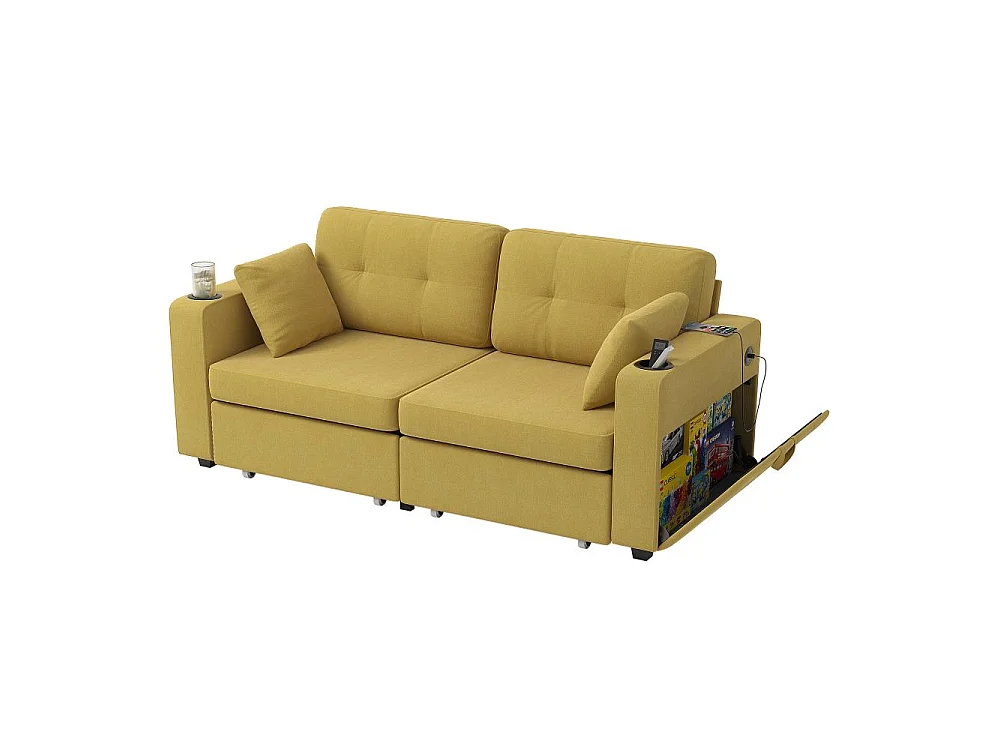 Canapé 2 places avec rangement, ports USB, porte-gobelets, poches latérales et tissu chenille confortable