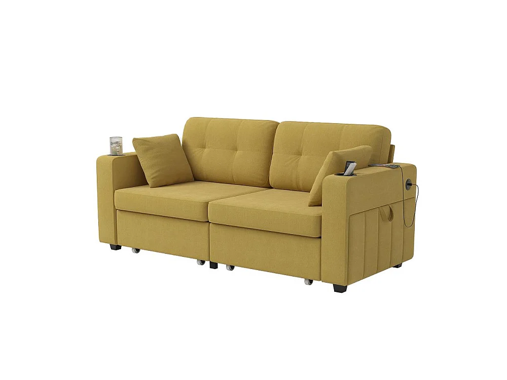 Canapé 2 places avec rangement, ports USB, porte-gobelets, poches latérales et tissu chenille confortable