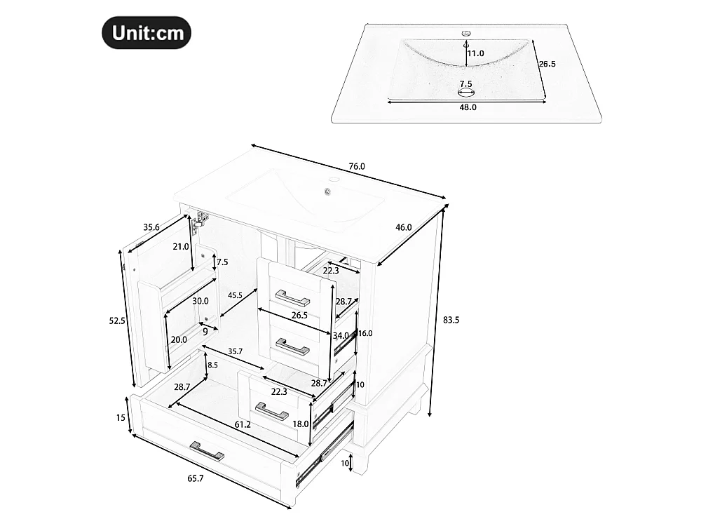 Meuble de salle de bain 73x45,5x83,5cm avec lavabo en céramique, 3 tiroirs et étagères réglables, étanche et durable, design moderne