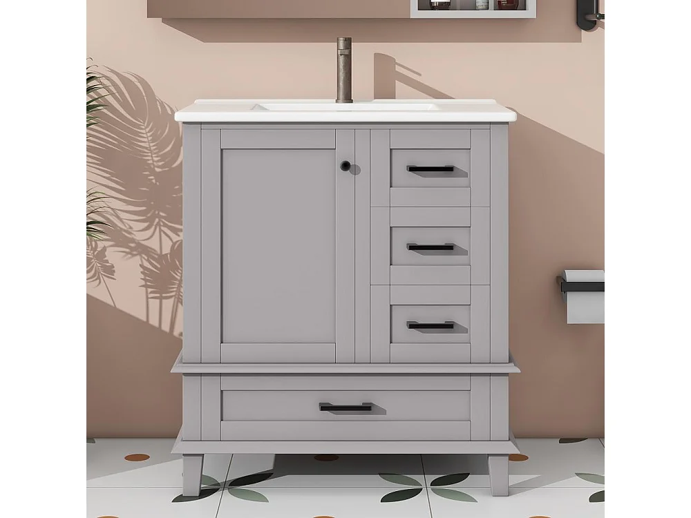 Meuble de salle de bain 73x45,5x83,5cm avec lavabo en céramique, 3 tiroirs et étagères réglables, étanche et durable, design moderne