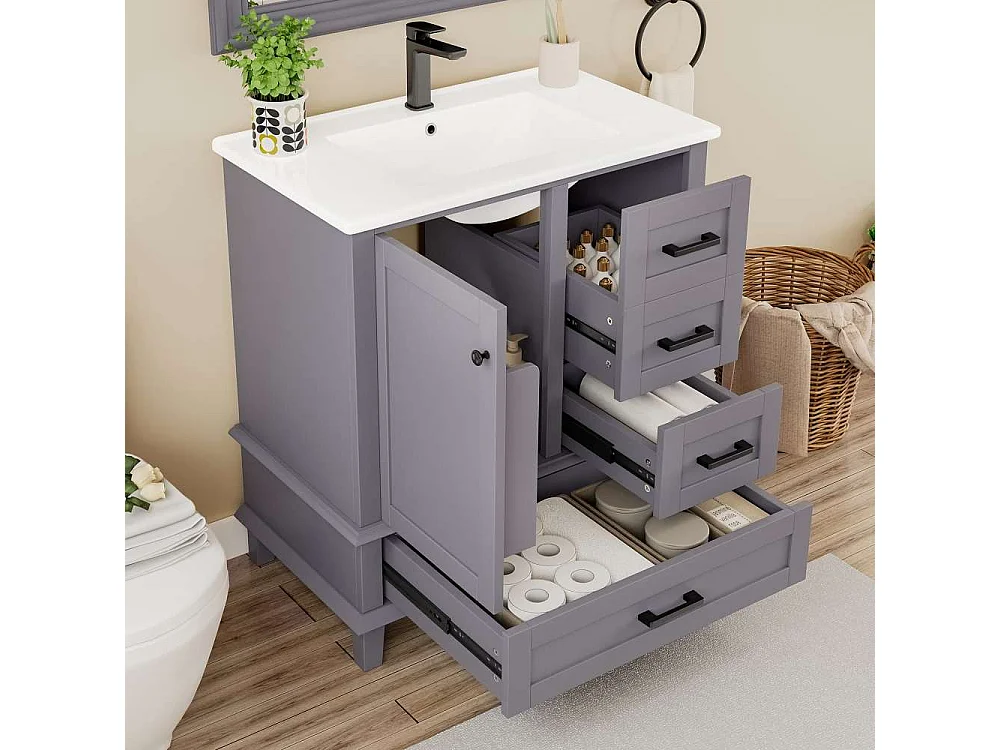 Meuble de salle de bain 73x45,5x83,5cm avec lavabo en céramique, 3 tiroirs et étagères réglables, étanche et durable, design moderne