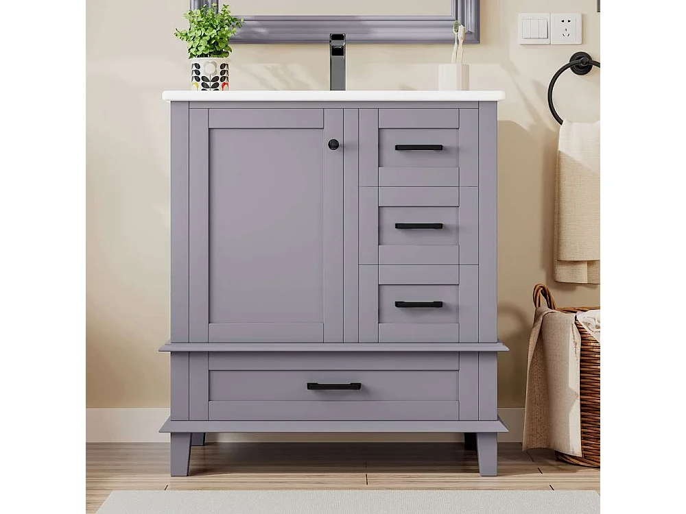 Meuble de salle de bain 73x45,5x83,5cm avec lavabo en céramique, 3 tiroirs et étagères réglables, étanche et durable, design moderne