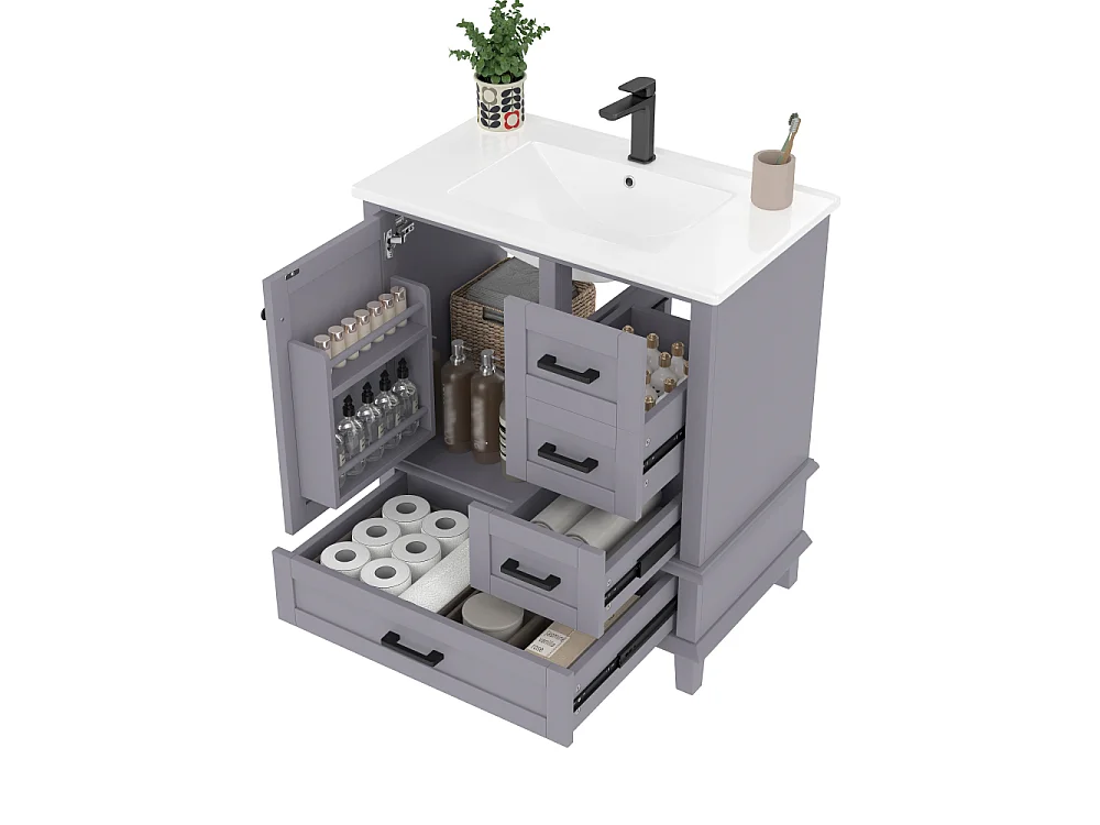 Meuble de salle de bain 73x45,5x83,5cm avec lavabo en céramique, 3 tiroirs et étagères réglables, étanche et durable, design moderne