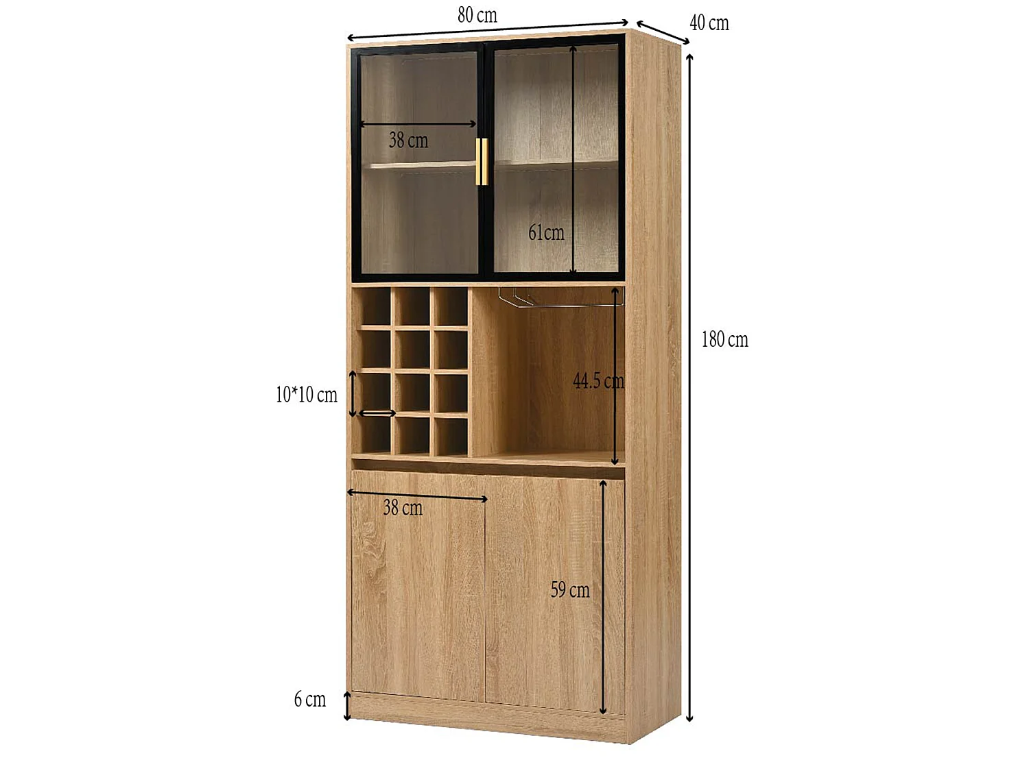 Vetrina in Legno con Porte in Vetro e Illuminazione LED, 180 cm, Mobile da Ripostiglio con Scomparti per Bagno, Cucina e Soggiorno