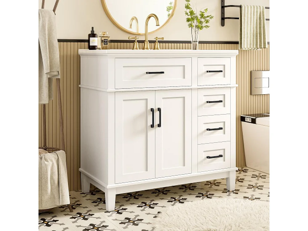 Meuble de Salle de Bain Blanc 90x46x87 cm avec Vasque en Céramique, Rangement Multifonction et Pieds en Bois Massif