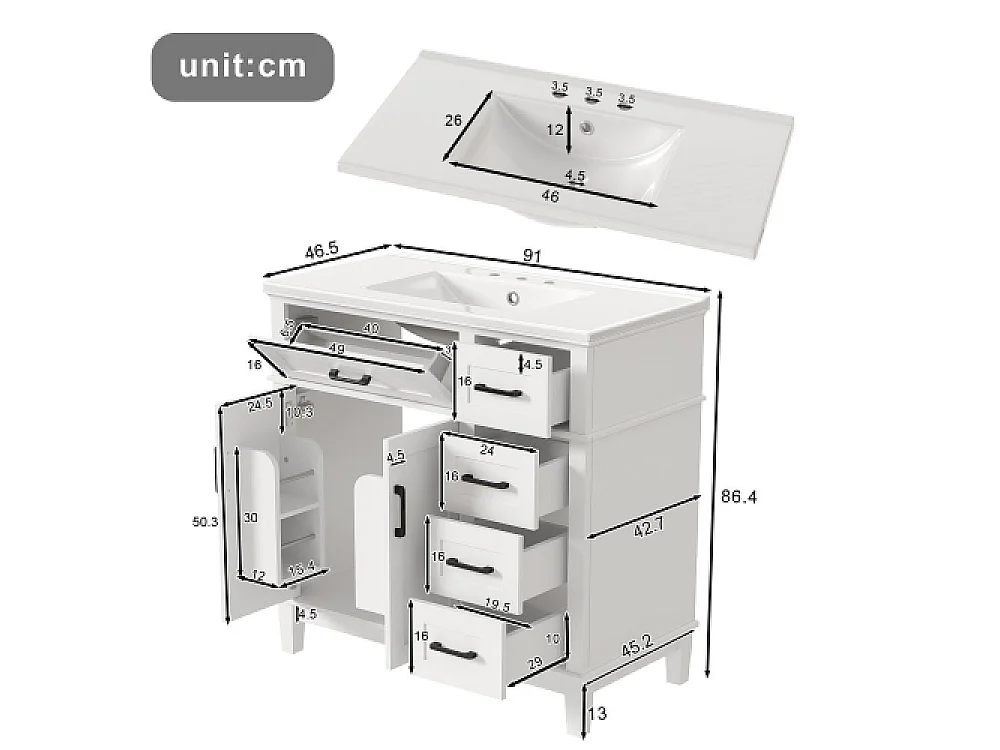 Meuble de Salle de Bain Blanc 90x46x87 cm avec Vasque en Céramique, Rangement Multifonction et Pieds en Bois Massif
