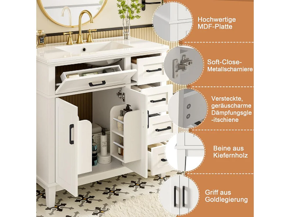Meuble de Salle de Bain Blanc 90x46x87 cm avec Vasque en Céramique, Rangement Multifonction et Pieds en Bois Massif