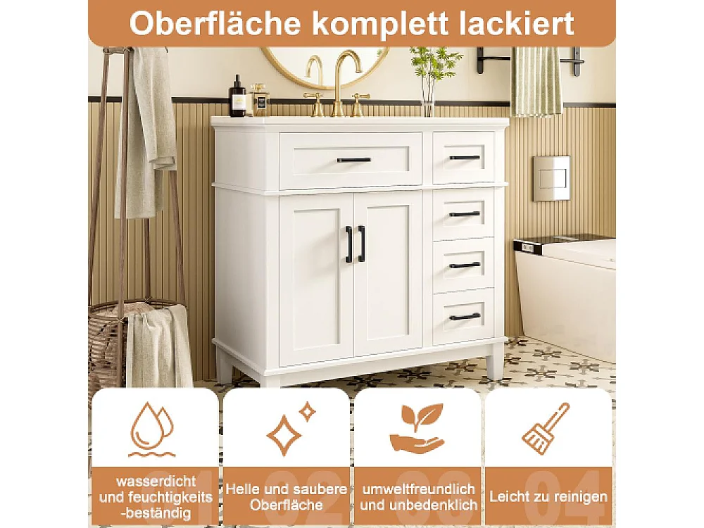Meuble de Salle de Bain Blanc 90x46x87 cm avec Vasque en Céramique, Rangement Multifonction et Pieds en Bois Massif