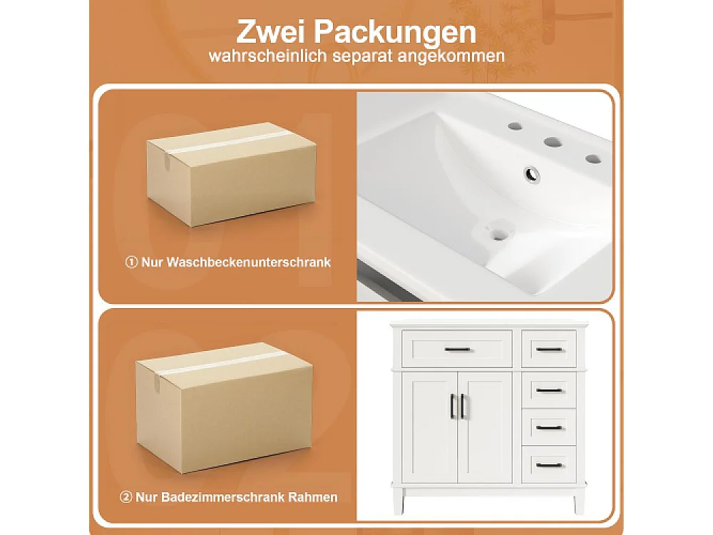 Meuble de Salle de Bain Blanc 90x46x87 cm avec Vasque en Céramique, Rangement Multifonction et Pieds en Bois Massif