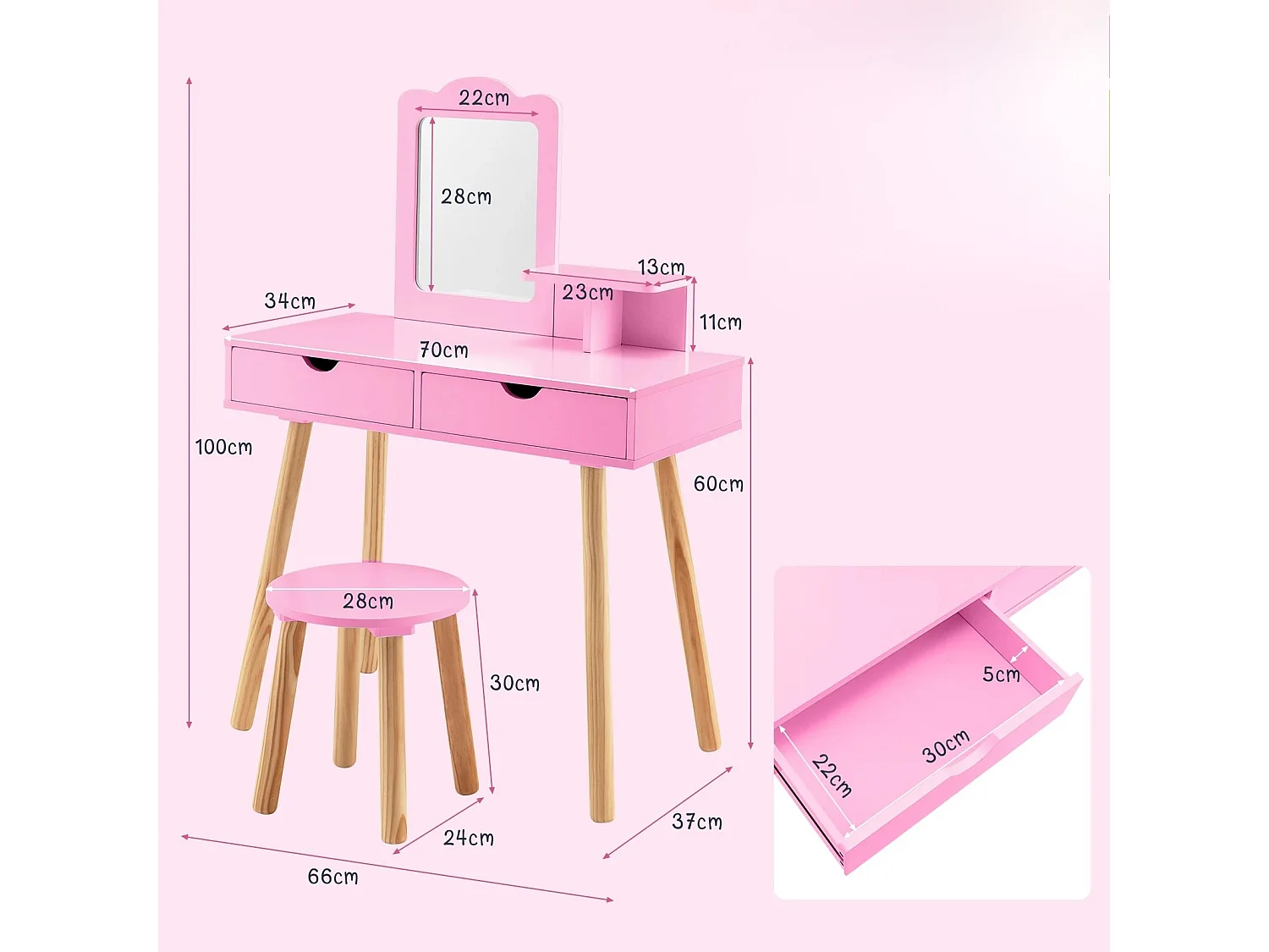 Kinder-Frisiertisch mit Hocker, rosa