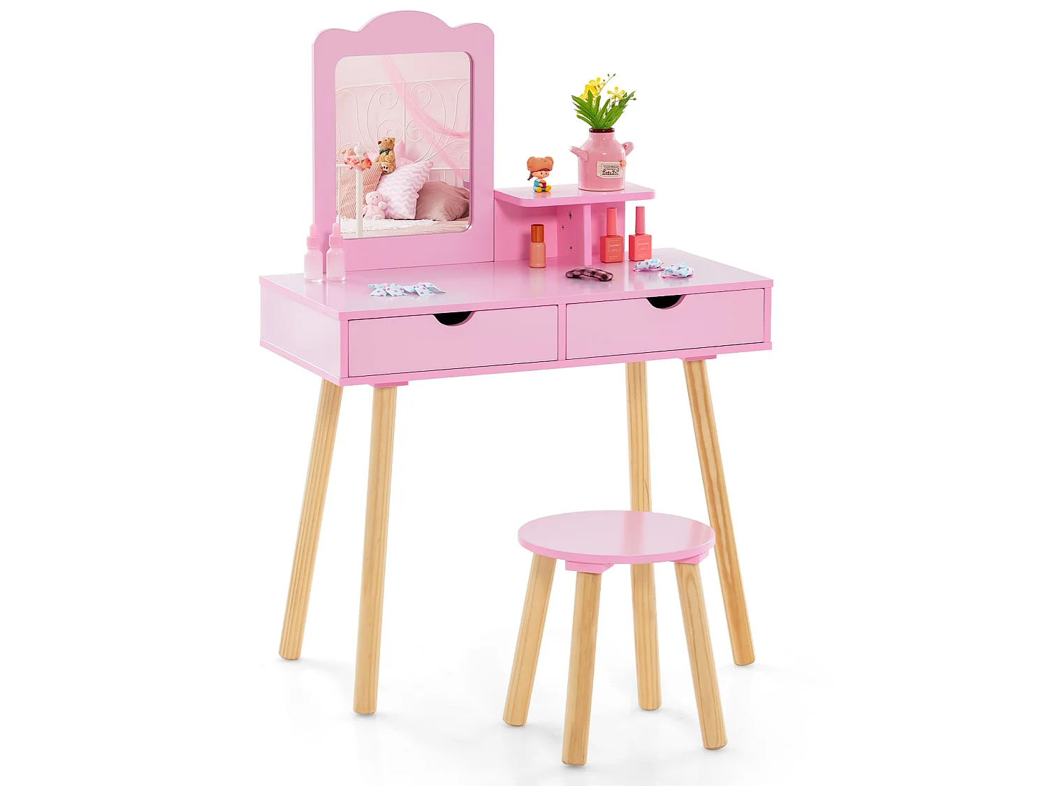 Kinder-Frisiertisch mit Hocker, rosa