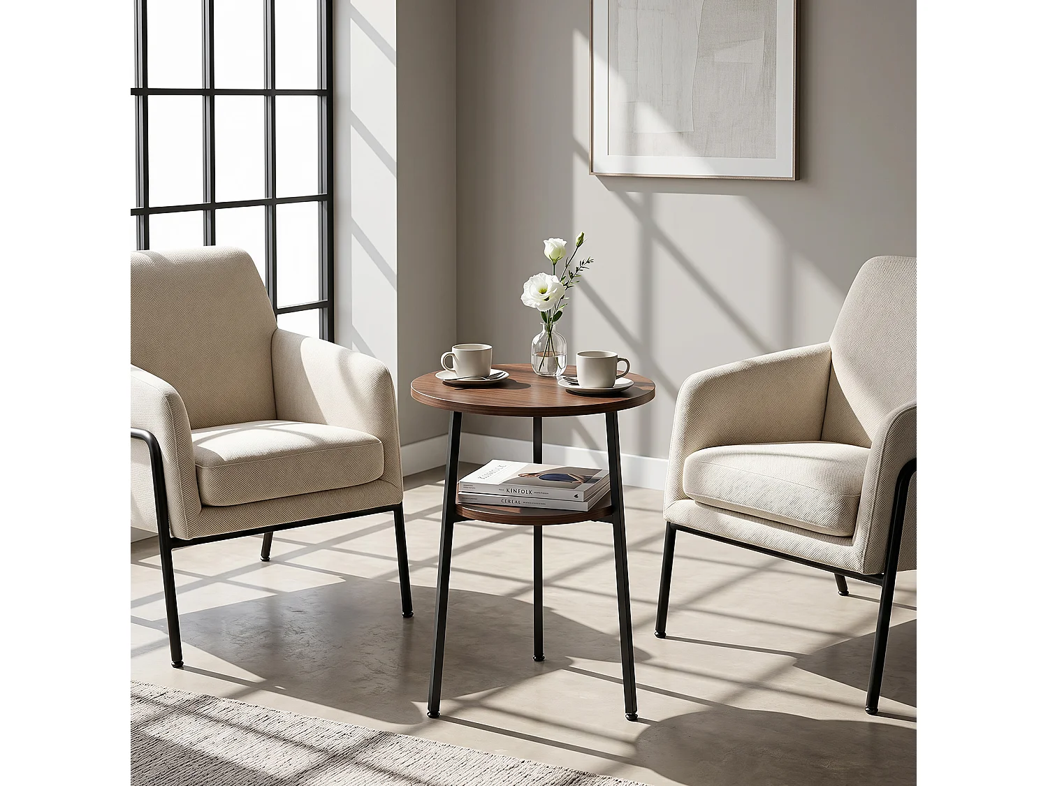 Set med 2 runda soffbord med hylla Set med soffbord till vardagsrummet