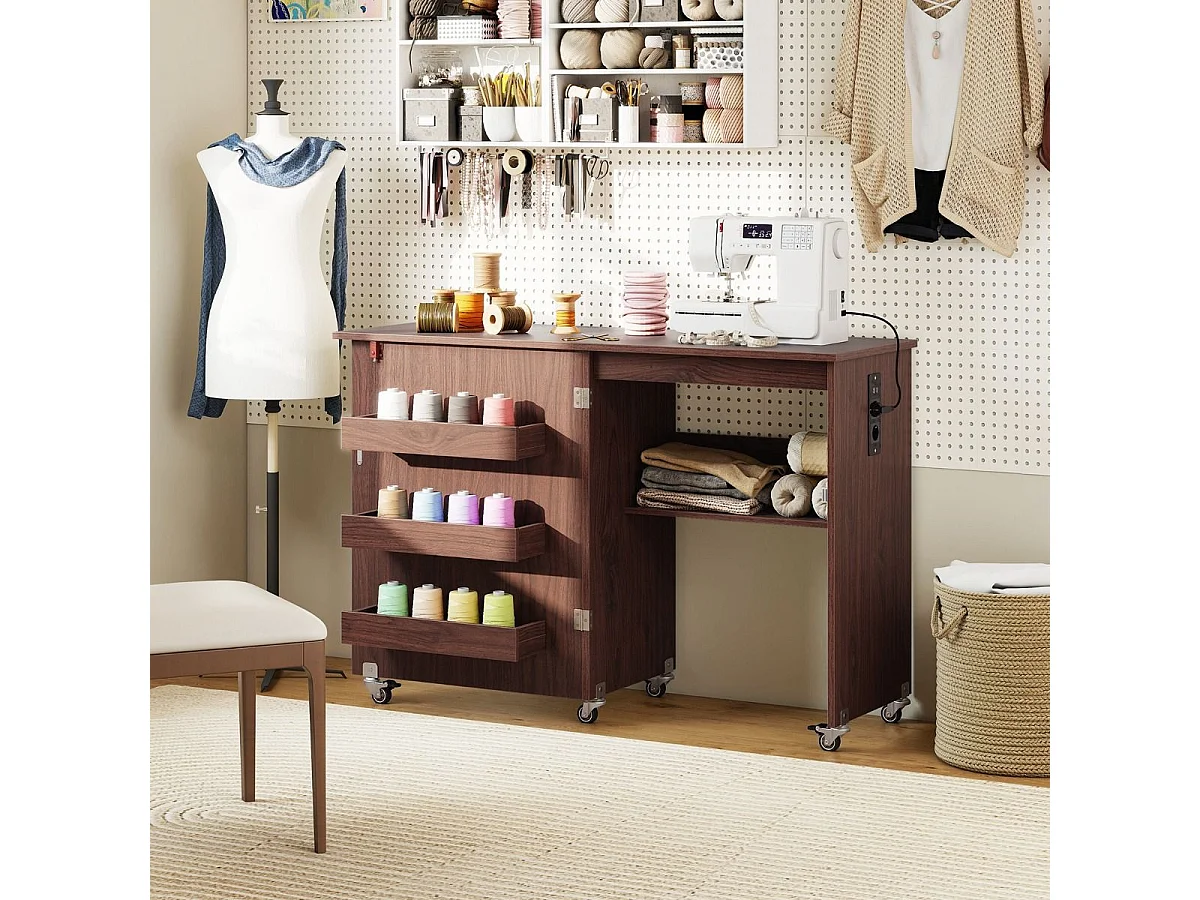 Table de couture pliable avec station de recharge et rangements