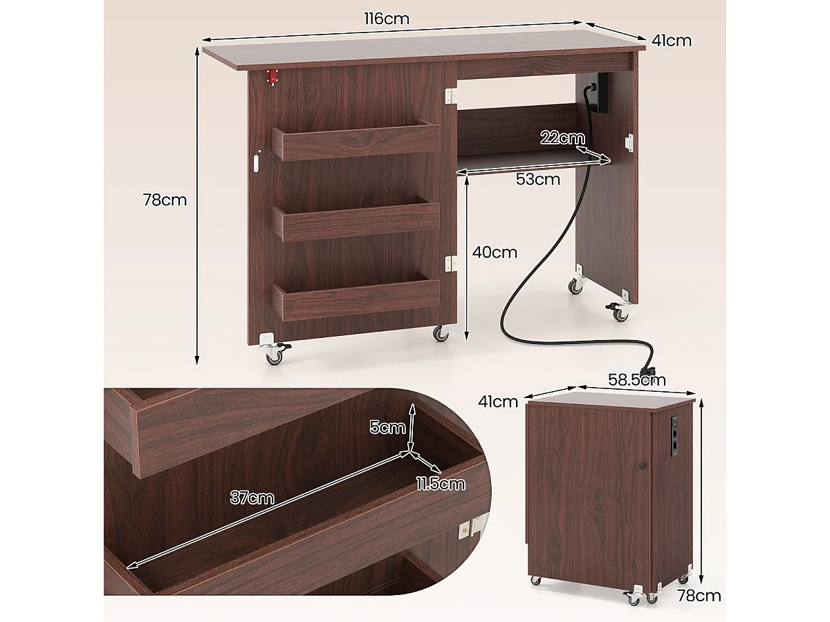 Table de couture pliable avec station de recharge et rangements