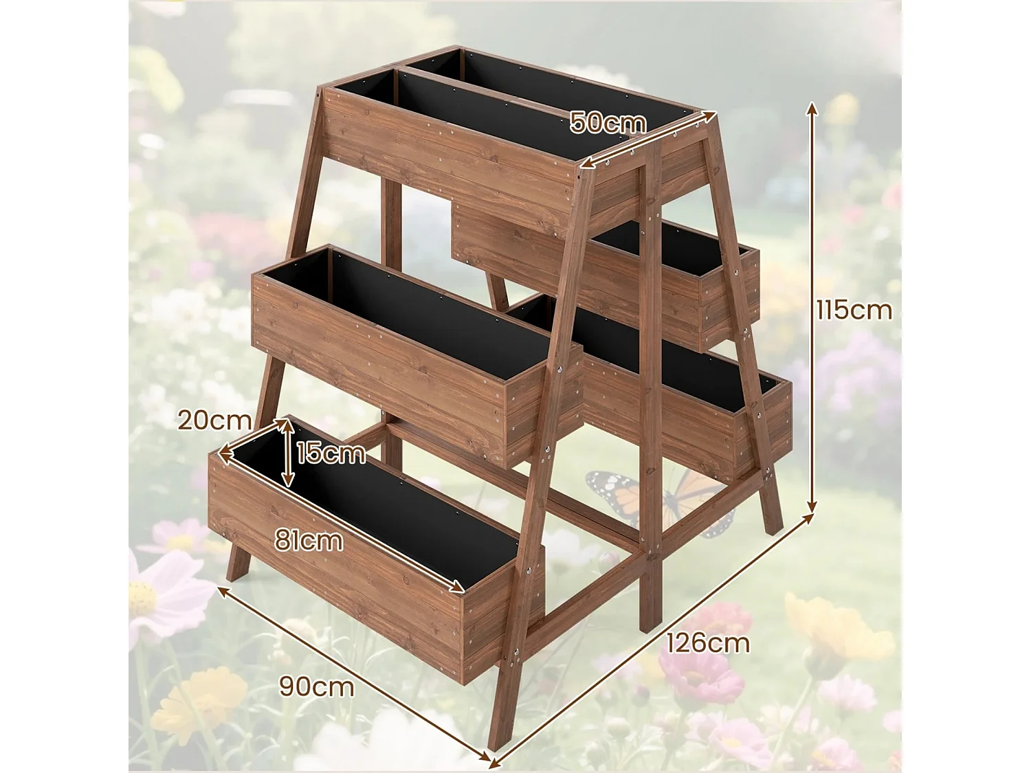 Mehrstöckiges Blumenbeet aus Holz mit 6 Kästen