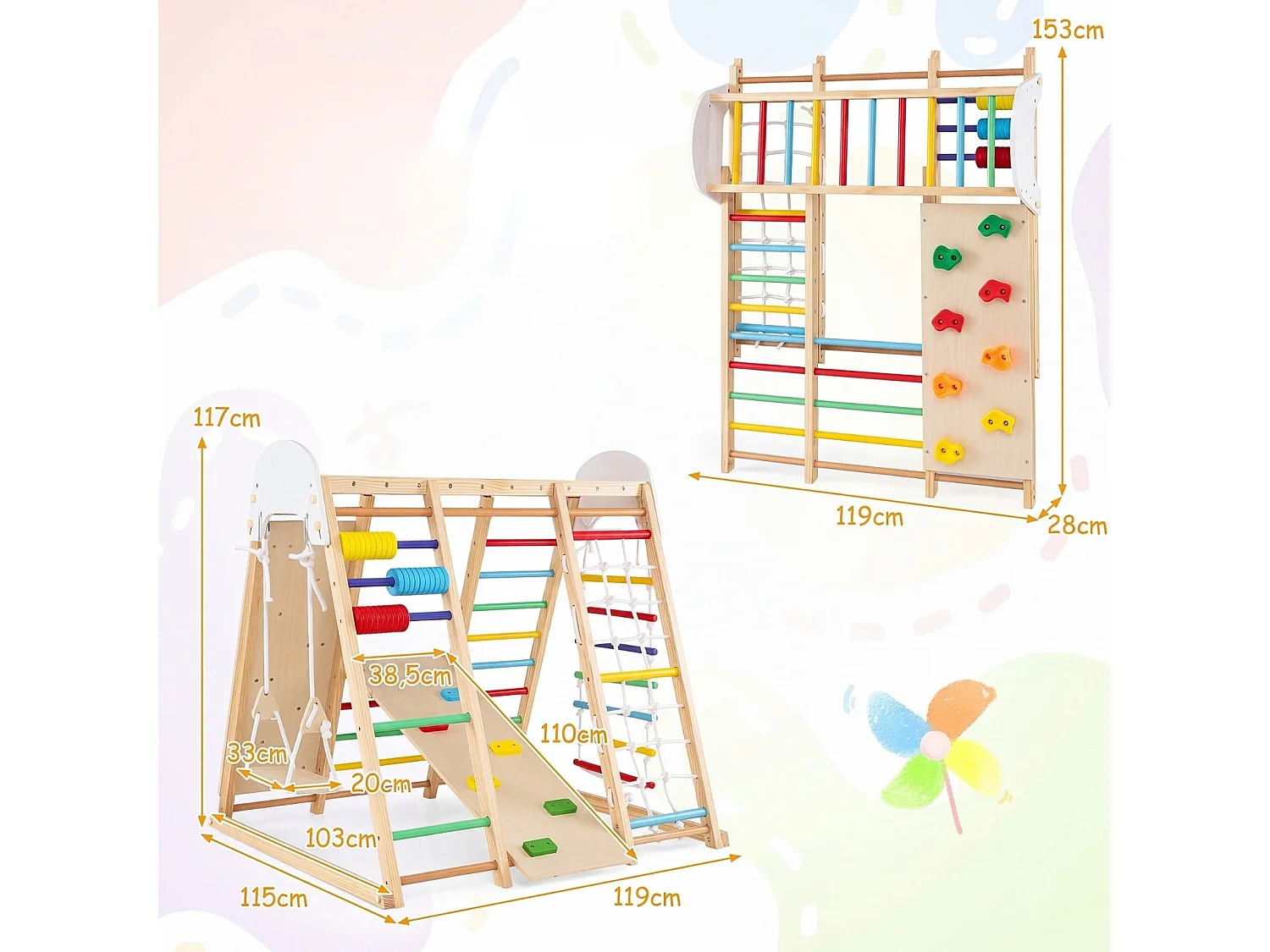 Aire de jeux en bois pour la maison avec des échelles, une balançoire, un toboggan et une rampe
