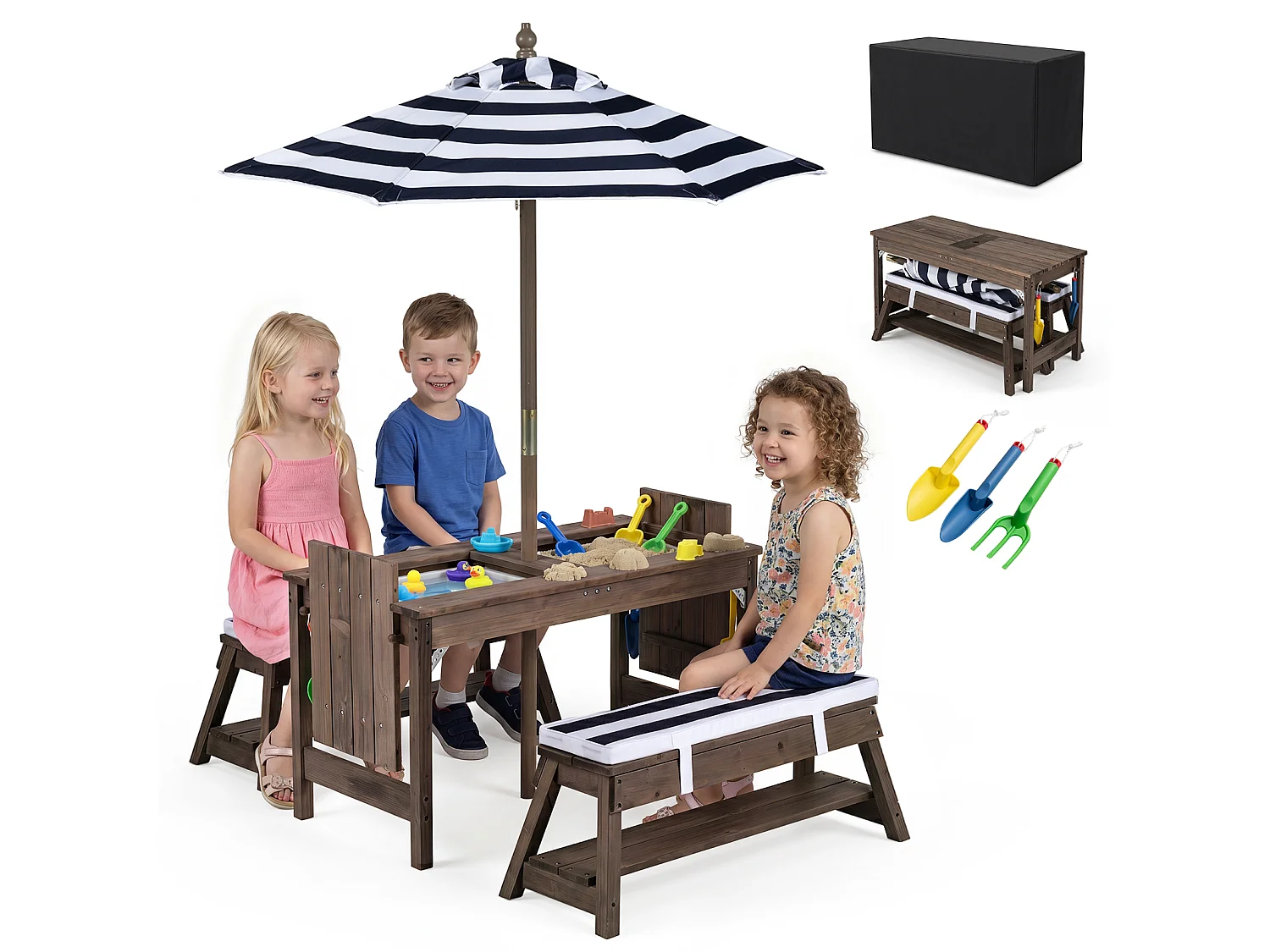 Tavolo da picnic in legno per bambini con panche, ombrellone e cuscini