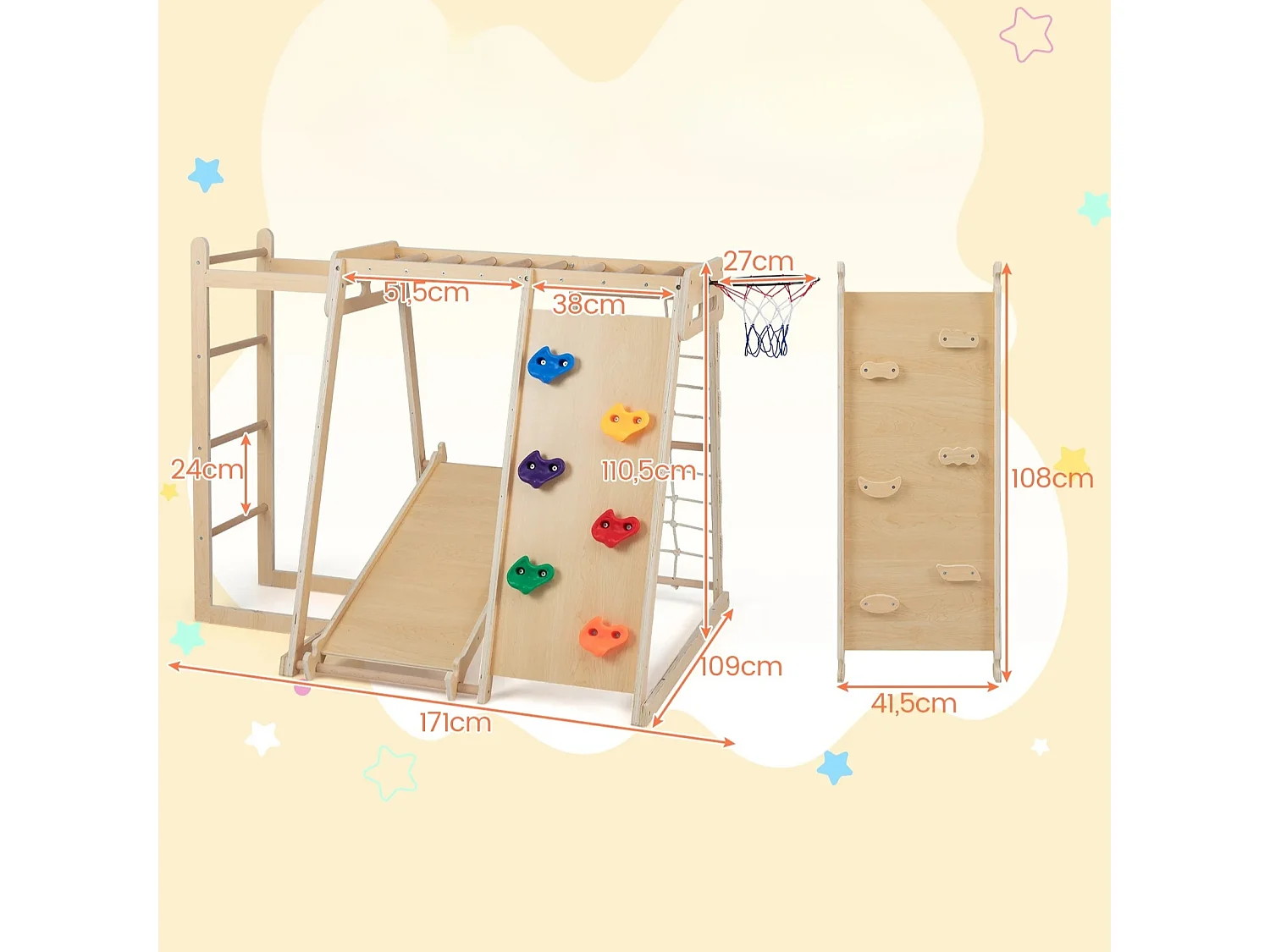 Aire de jeux en bois avec toboggan et mur d'escalade