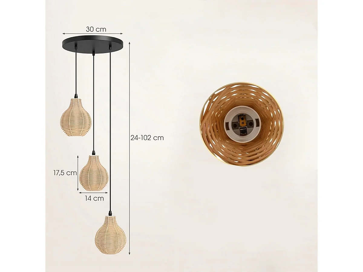 Hængelampe med 3 flettede rattan-lampeskærme