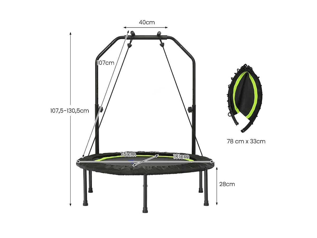 Mini trampolino fitness pieghevole con altezza regolabile e 2 fasce elastiche