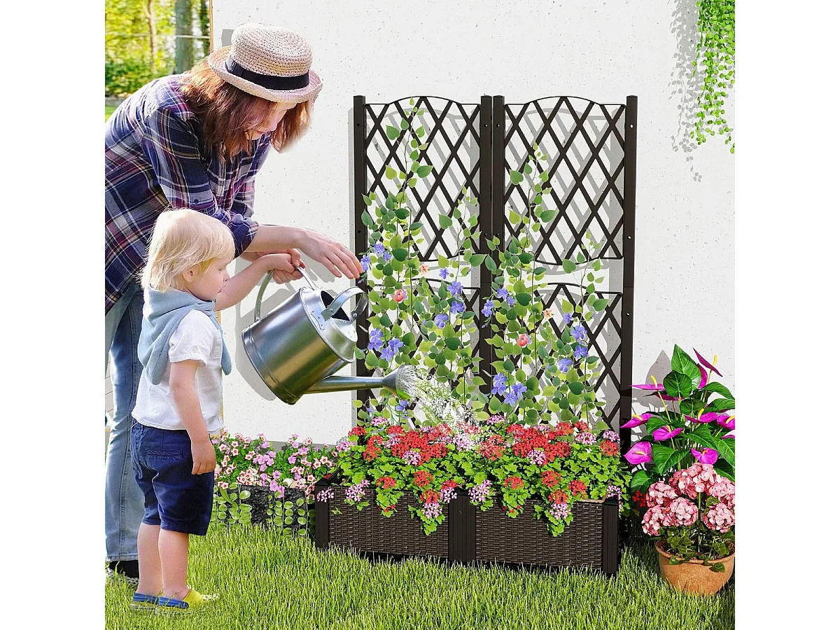 Double bac de jardin, jardinière avec pergola, parterre de fleurs