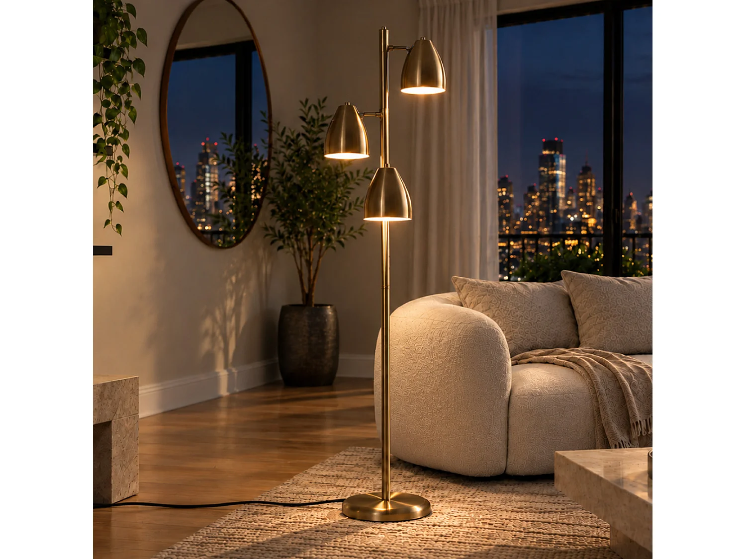 Lampadaire 3 spots orientables en métal effet laiton doré FAUSTINE