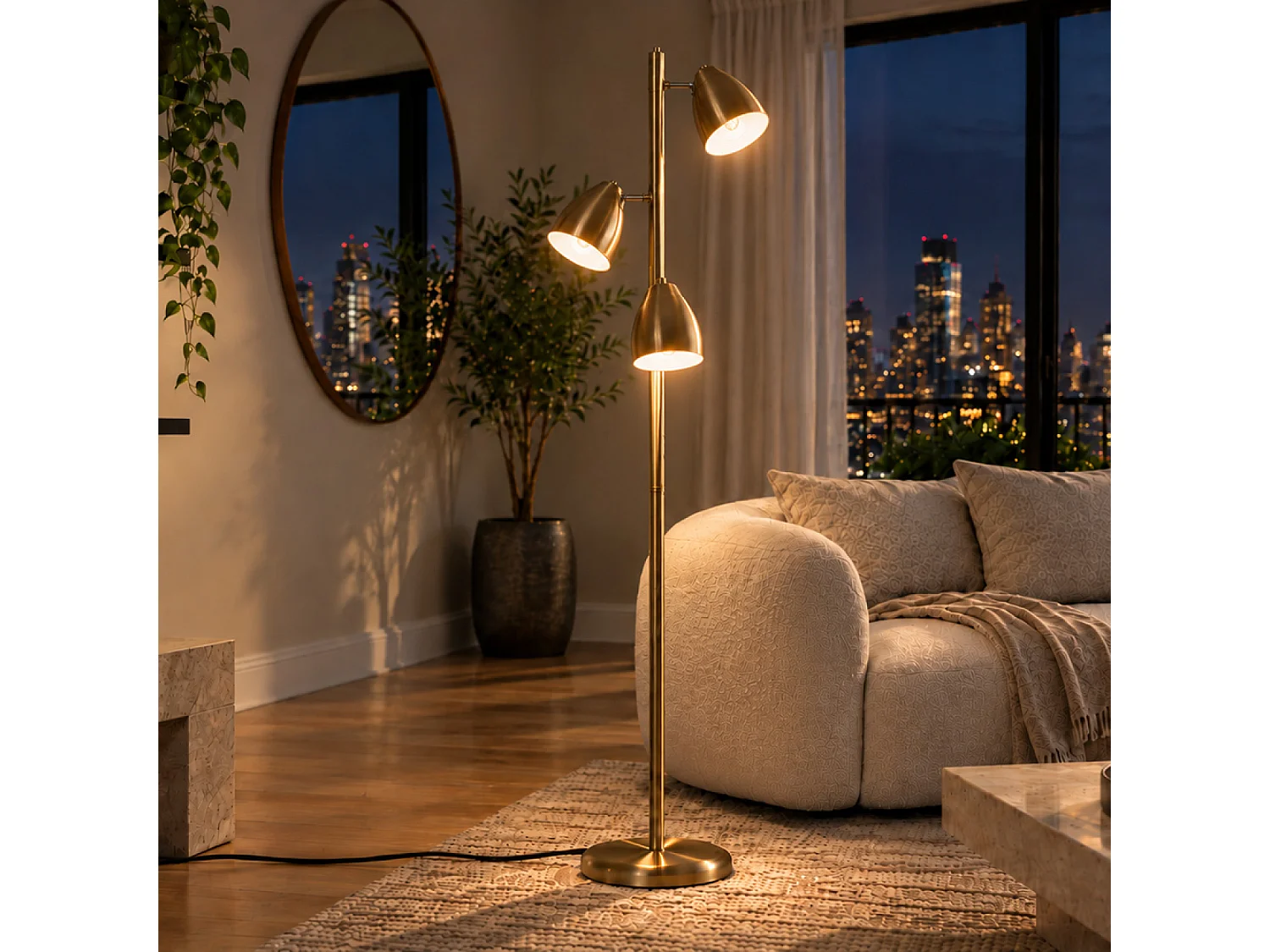 Lampadaire 3 spots orientables en métal effet laiton doré FAUSTINE
