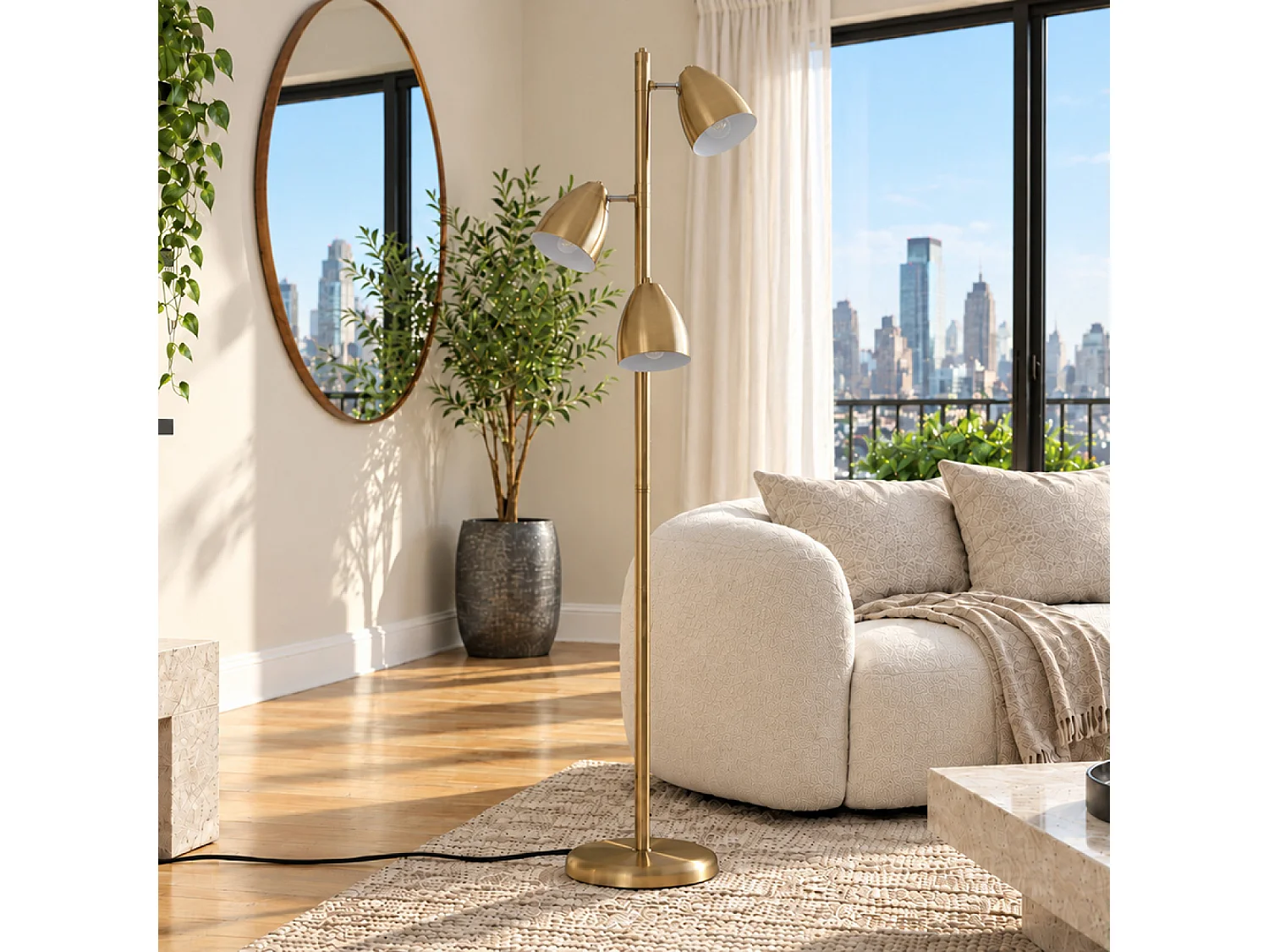 Lampadaire 3 spots orientables en métal effet laiton doré FAUSTINE