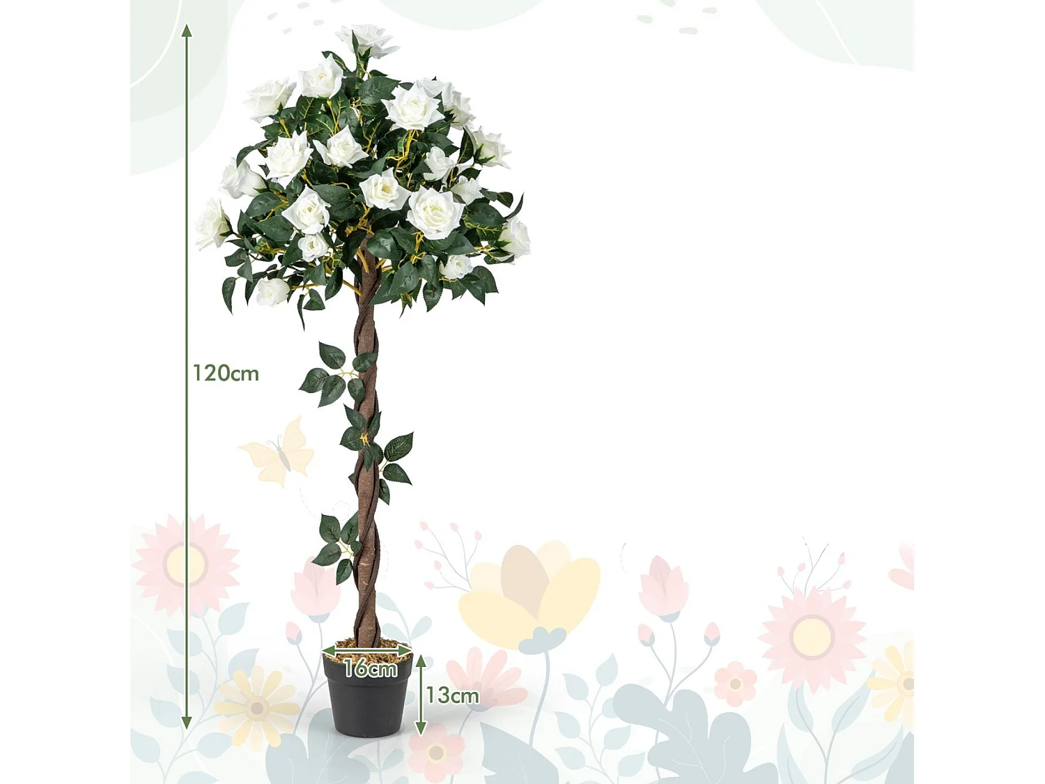 Alberello artificiale con rose bianche, 120 cm. Pianta ornamentale