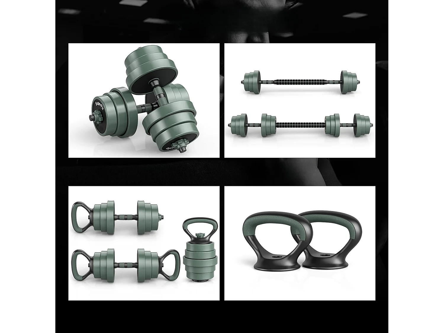 Set per allenamento di forza: manubri, bilanciere e kettlebell da 20 kg, 3 in 1