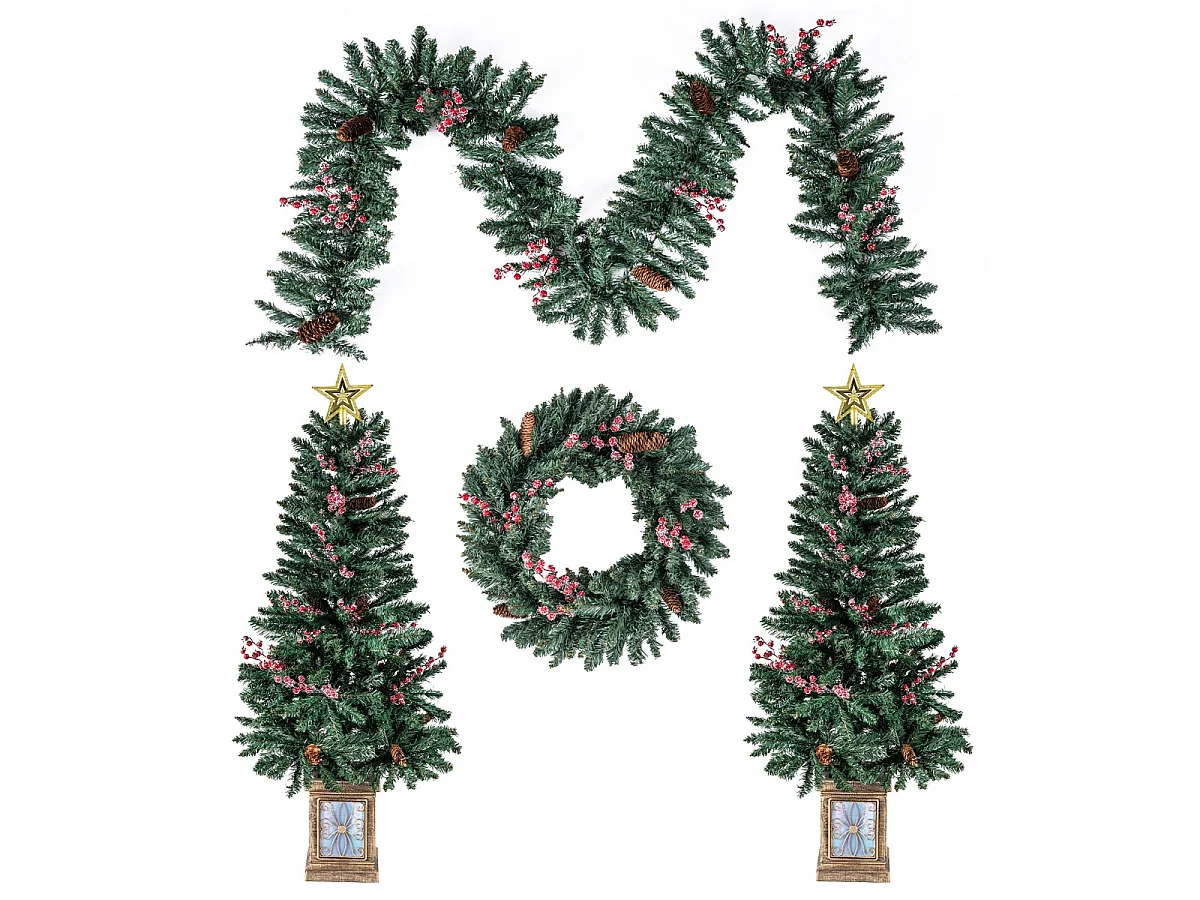 Set di decorazioni natalizie - 2 alberi di Natale artificiali, una ghirlanda e una corona