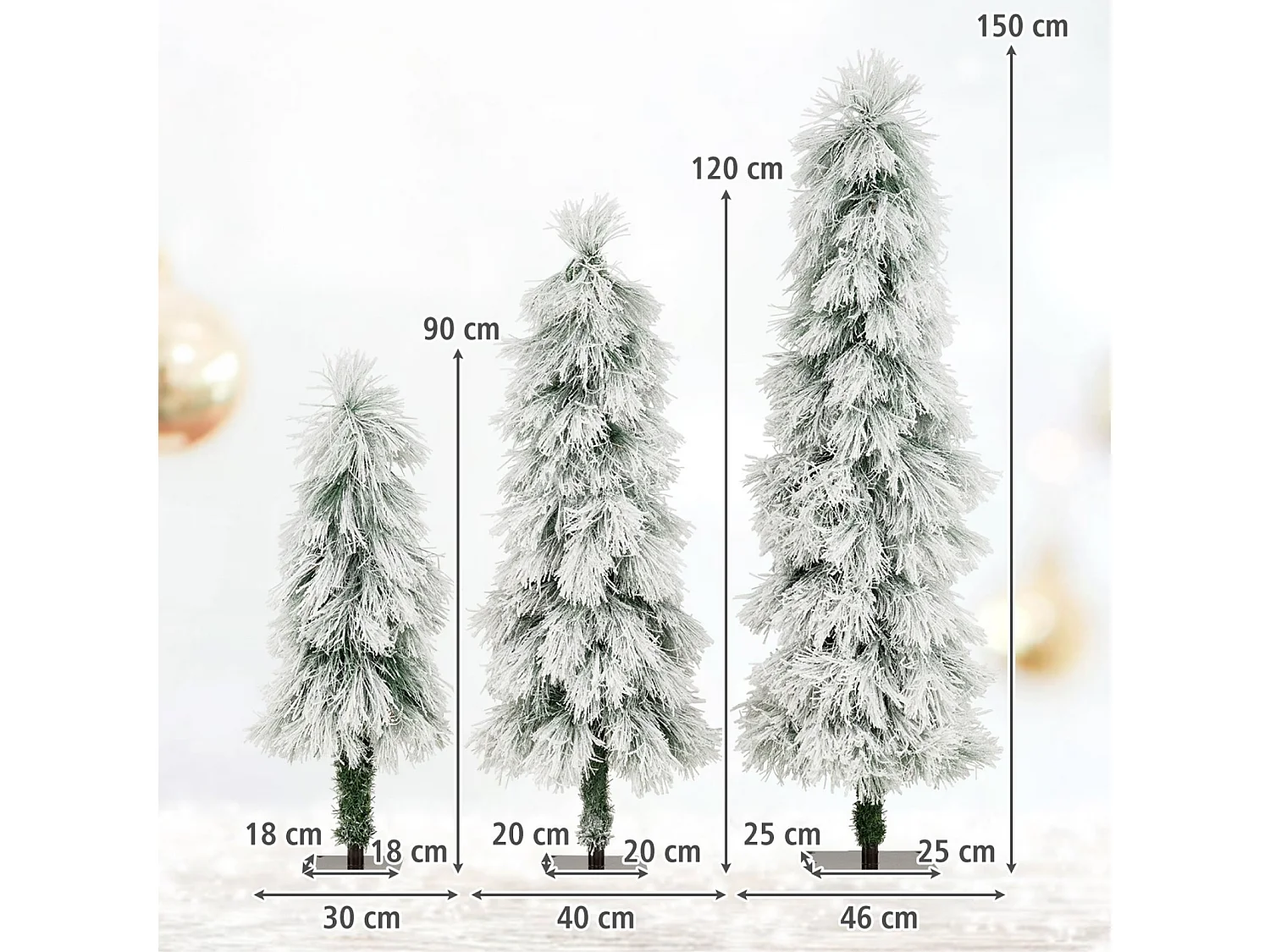 Set di 3 alberi di Natale artificiali con luci LED da 90/120/150 cm, innevati - verde
