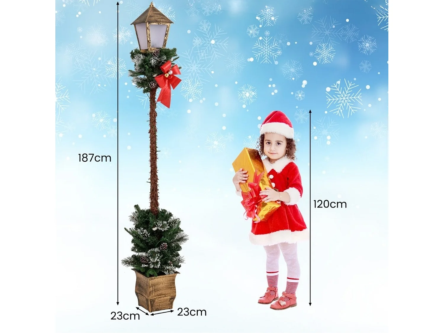 Weihnachtslaterne, 187 cm, 50 LEDs, mit Schnee bedeckte Zweige – grün-weiß