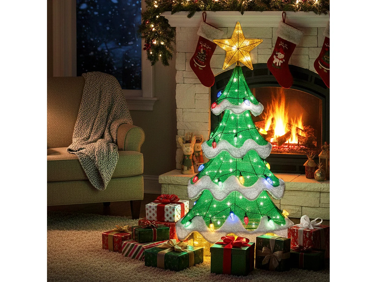Albero di Natale LED 3D da 157 cm con stella e lucine a forma di fragole - verde