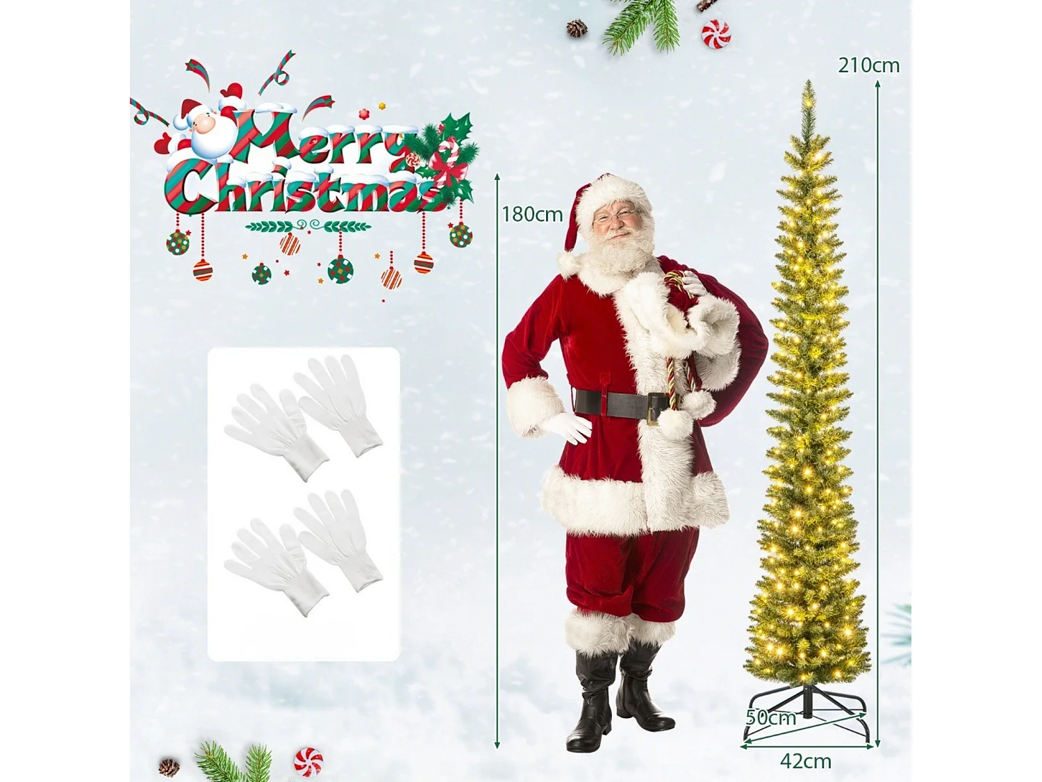 Albero di Natale artificiale a forma di matita con luci LED, 210 cm