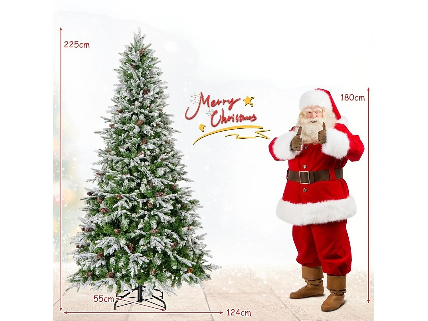 Albero di Natale artificiale innevato, 225 cm, 470 LED, con base a cerniera - verde e bianco