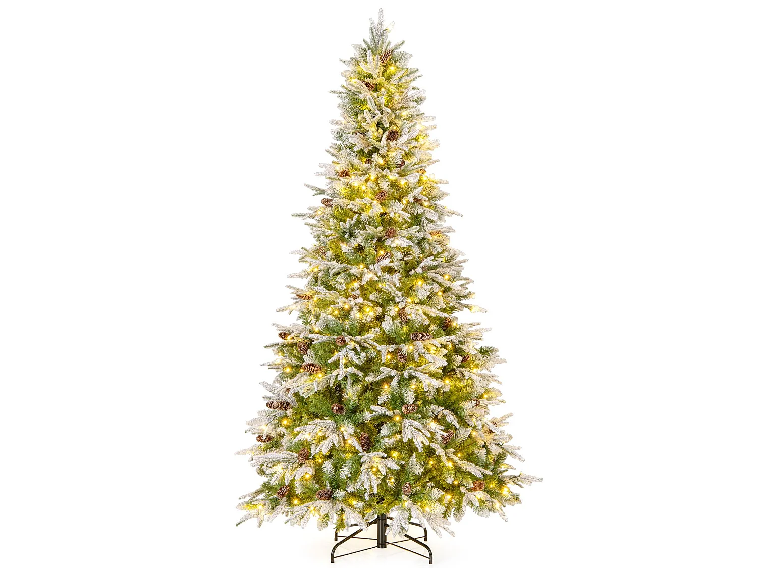 Albero di Natale artificiale innevato, 225 cm, 470 LED, con base a cerniera - verde e bianco