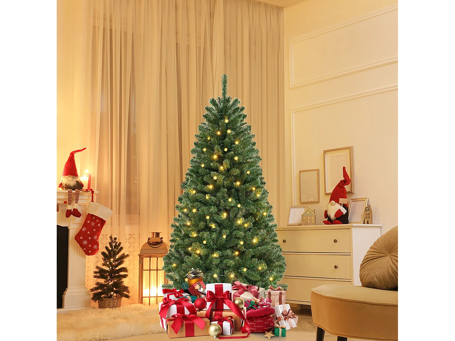 Albero di Natale artificiale da 180 cm, 568 rami, 200 LED - verde