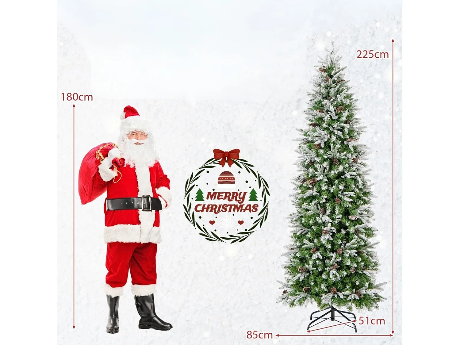 Albero di Natale artificiale a forma di matita con effetto neve e luci LED, 225 cm