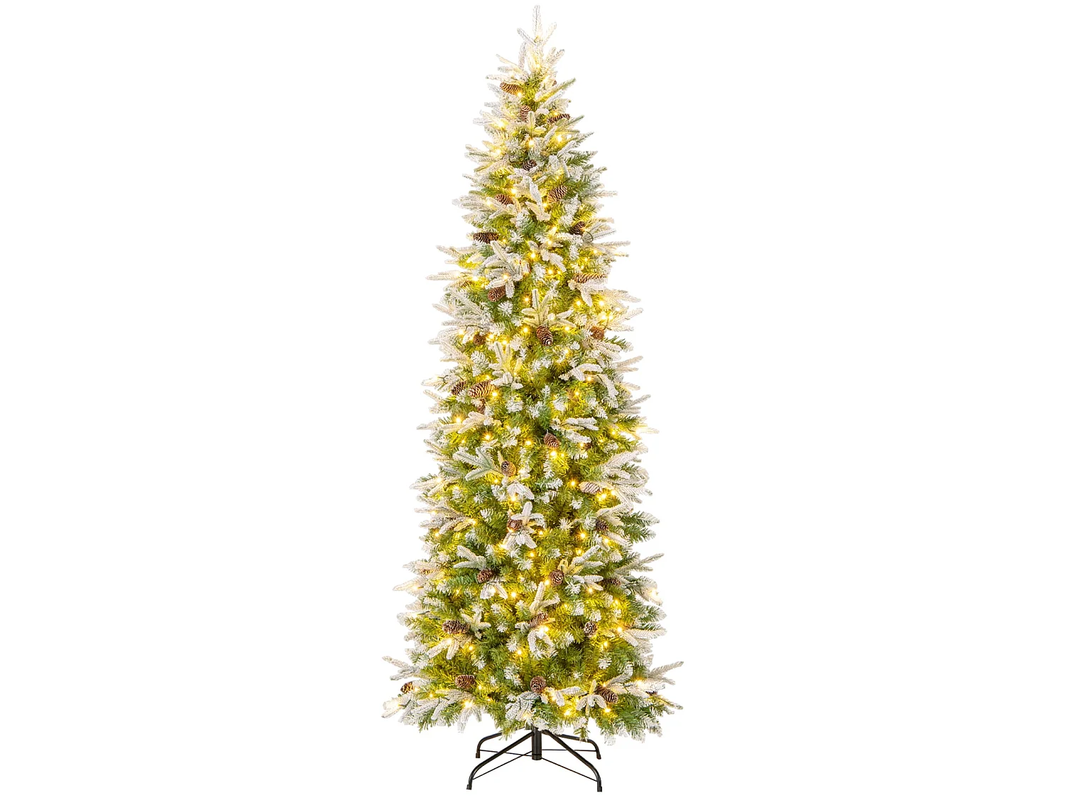 Albero di Natale artificiale a forma di matita con effetto neve e luci LED, 225 cm