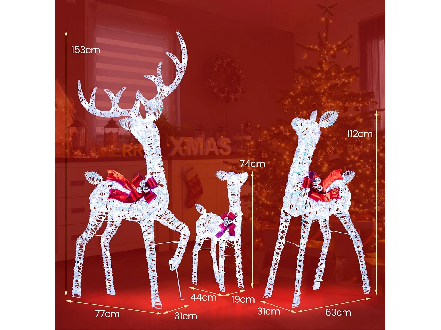 3-teiliges LED Rentier Familie Weihnachtsdeko mit 215 Lichtern Beleuchtetes Rentier