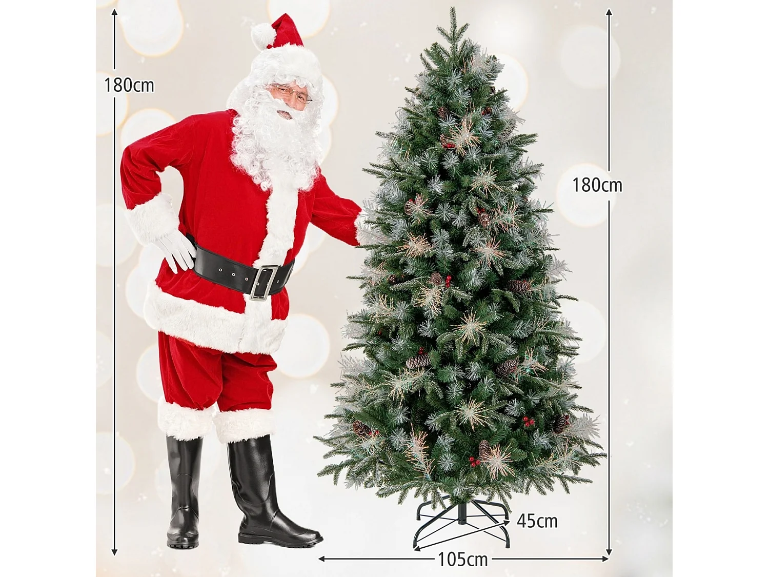 Albero di Natale artificiale da 180 cm, innevato, 270 LED, pigne e bacche - Verde