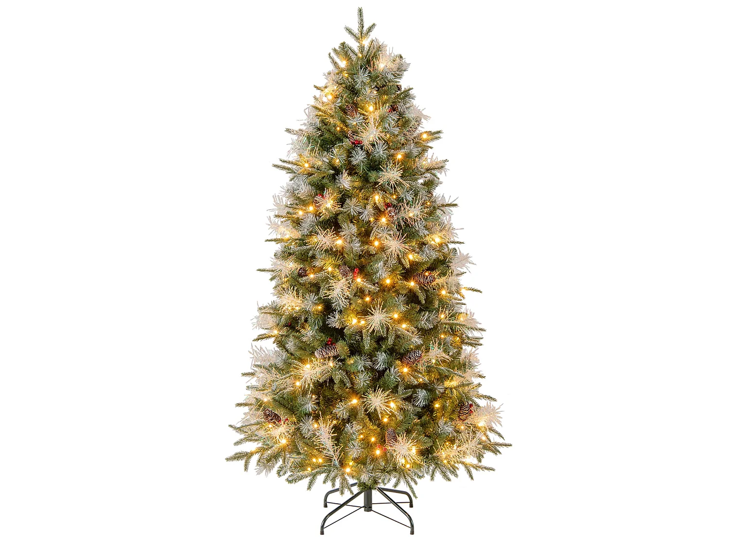 Albero di Natale artificiale da 180 cm, innevato, 270 LED, pigne e bacche - Verde